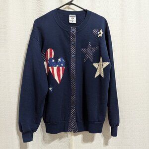 VTG Jerzees Americana Cardigan Jacket Navy Blue Hearts Retro Cozycore Folk Large